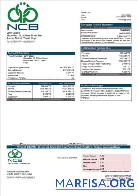 Realistic Libya National Commercial Bank mortgage statement Word and PDF template